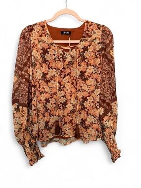 NWT Miss Me Mixed Media Floral Tassel Peasant Blouse Small Boho Festival Fall